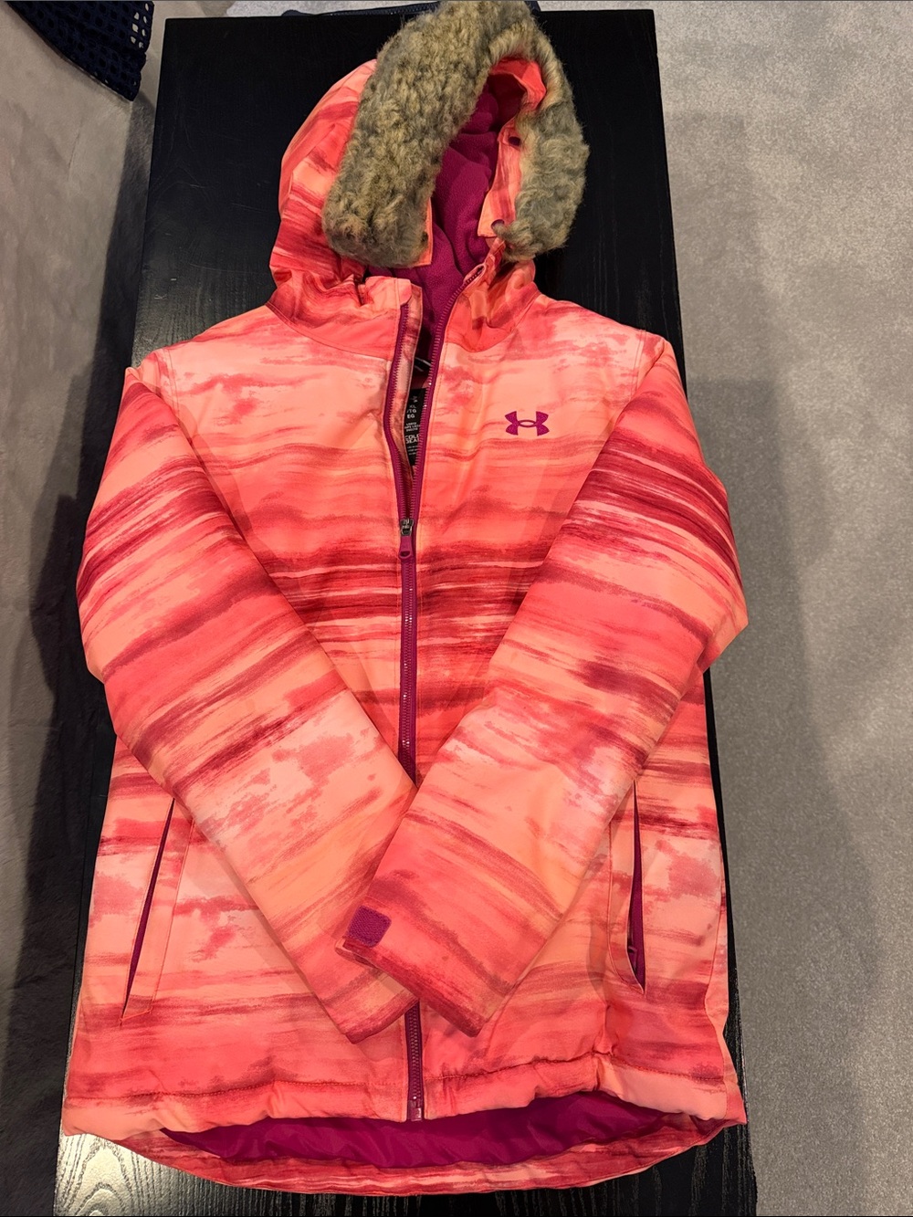 Under Armour Girls' Pink Coral Ombre Hooded Puffer with Faux Fur Trim